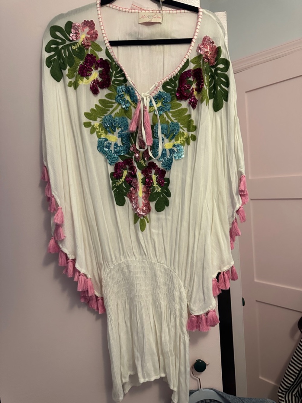 White Embroidered Tassel Swim Coverup -
